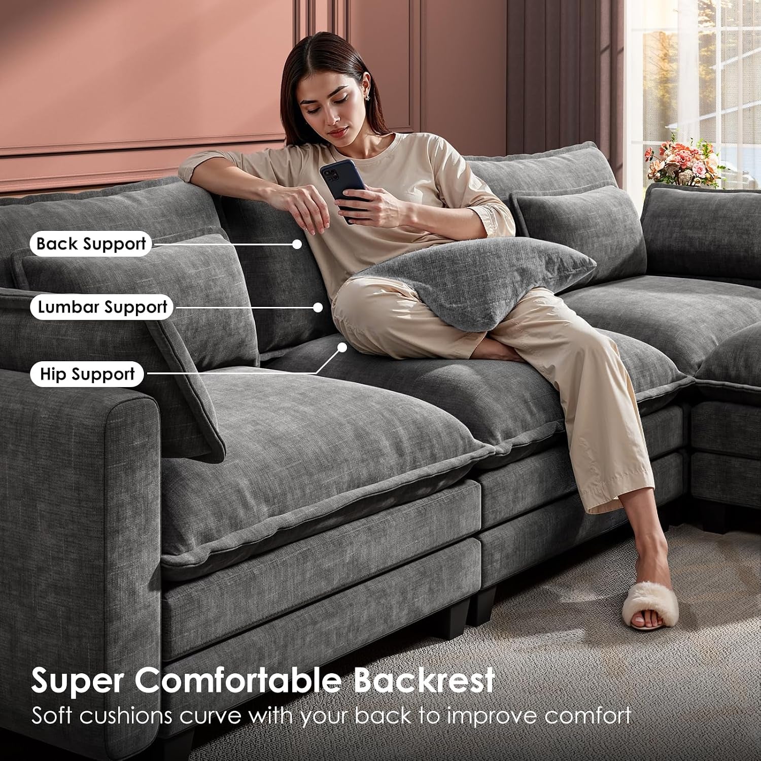 Modular Sectional Sofa 110.6" U-Shaped Modern Comfy Cloud Couch, 5-Seat Chenille Deep Seat Sofa with Throw Pillow & Movable Ottoman for Living Room, Bedroom and Apartment, Slate Gray