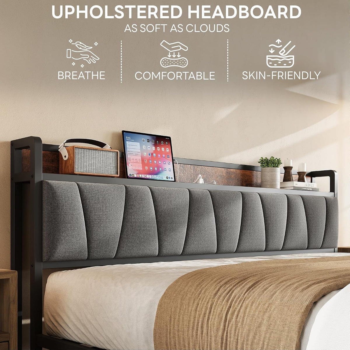 Close-up of the gray upholstered headboard panel and wood-look storage shelf with decorative objects on the shelf