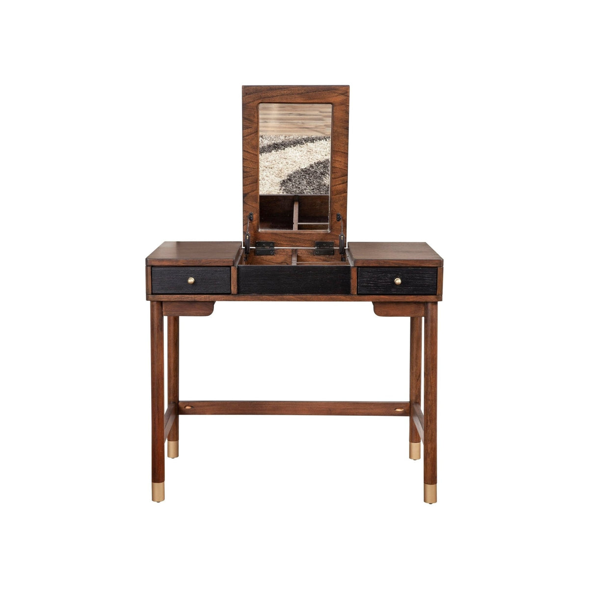 Front view of the vanity desk with the mirror raised and storage exposed