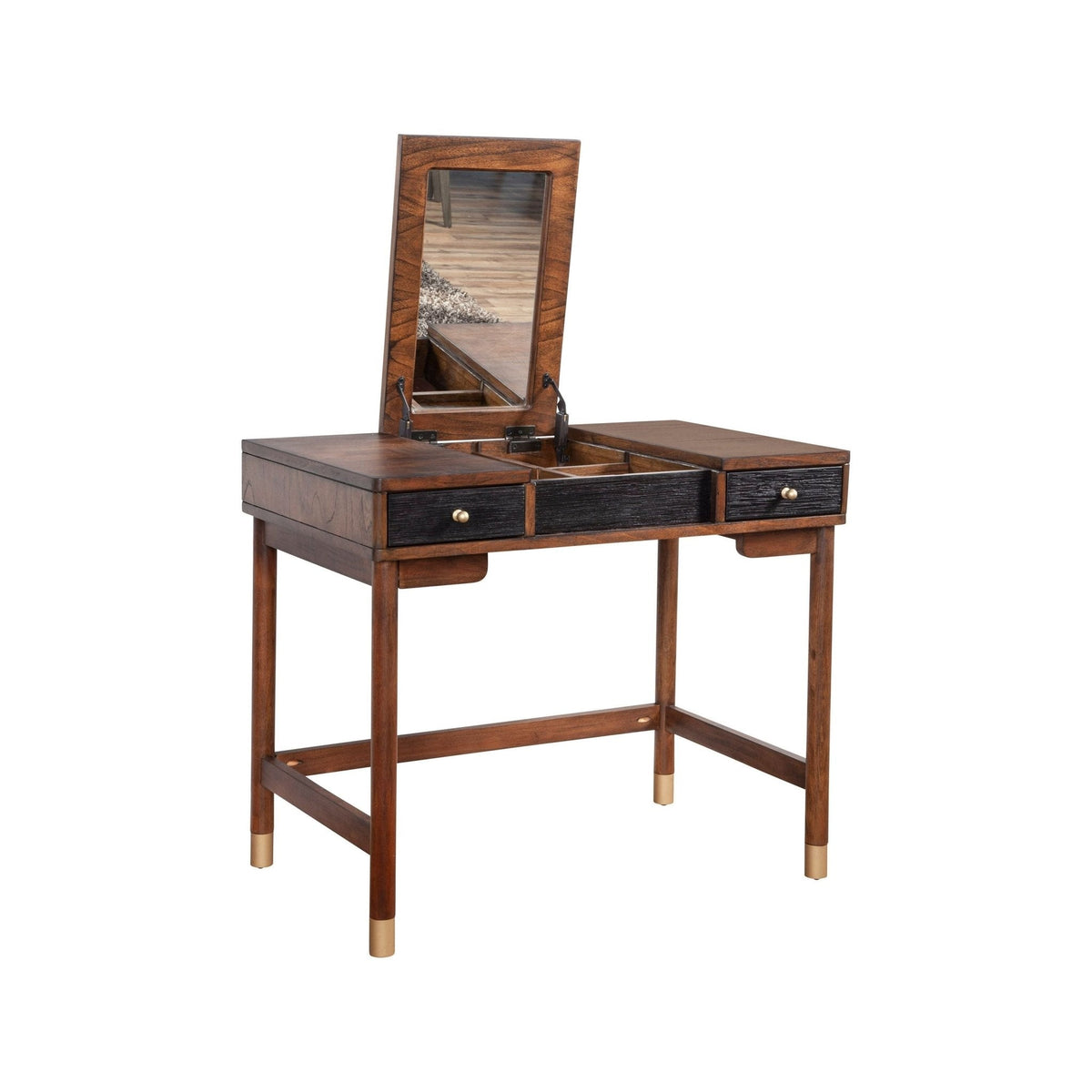 Dark walnut and black vanity desk with its flip-up mirror raised