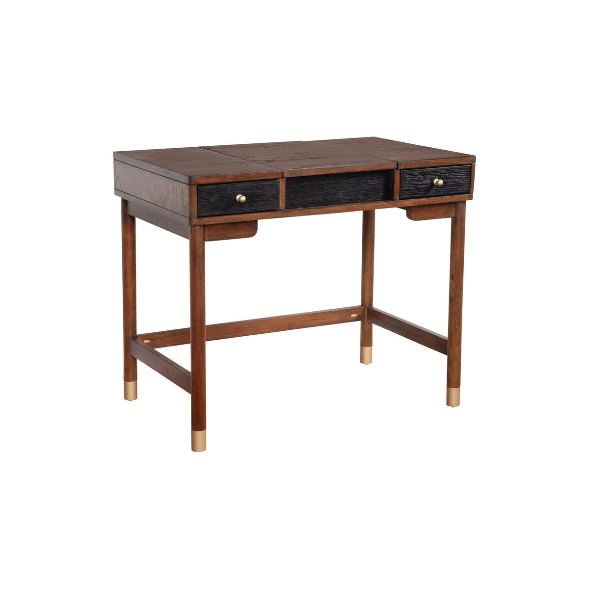 Angled view of the dark walnut and black vanity desk with its top closed