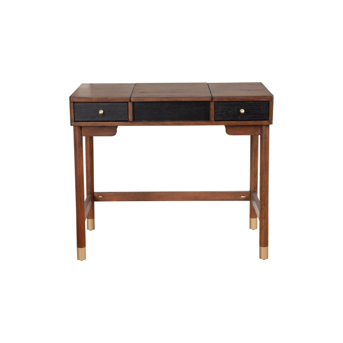 Straight-on view of the two-tone vanity desk with the mirror top closed