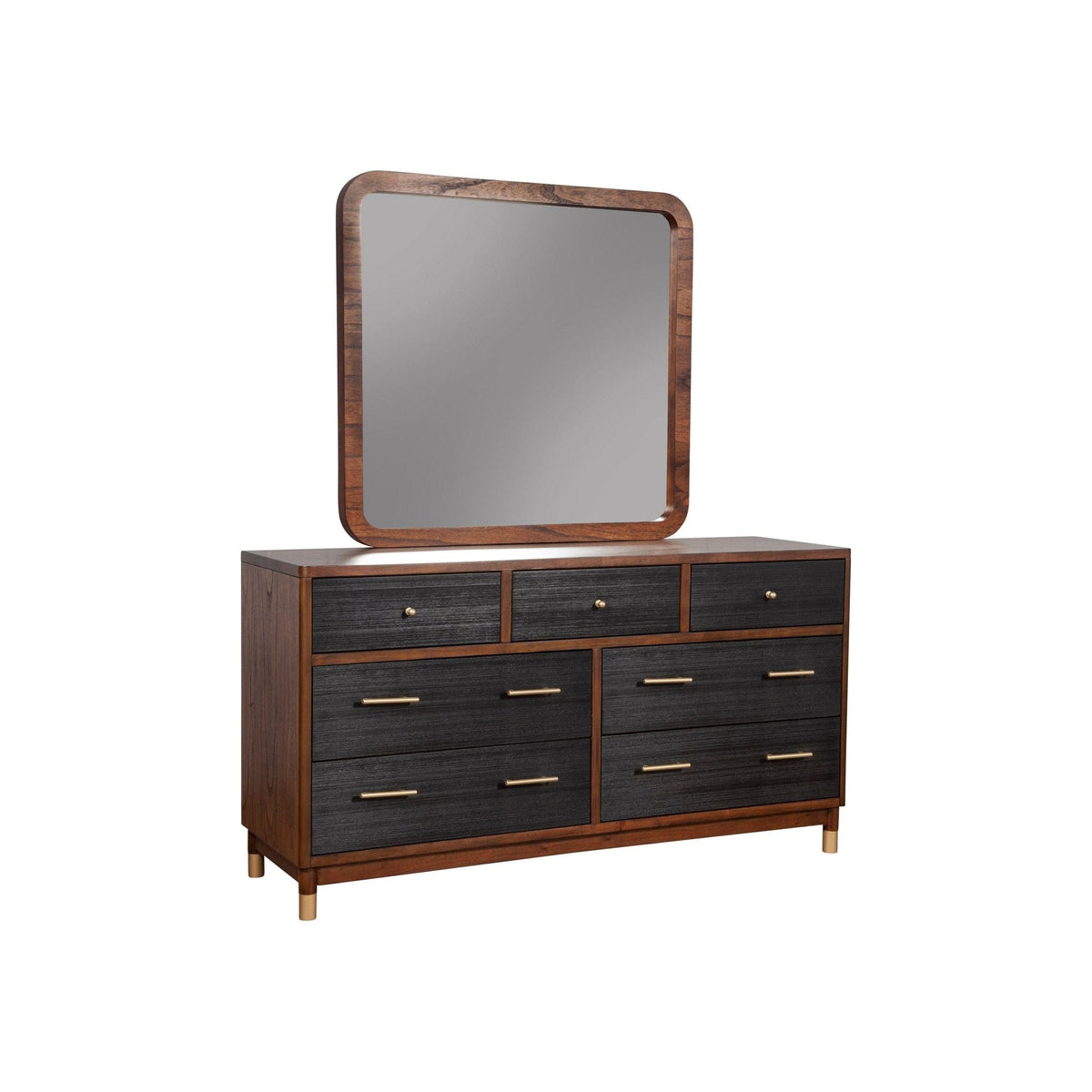 Walnut and black dresser shown with a matching framed mirror