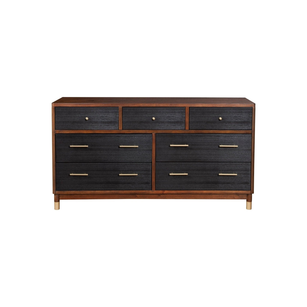 Two-tone walnut and black dresser shown straight on