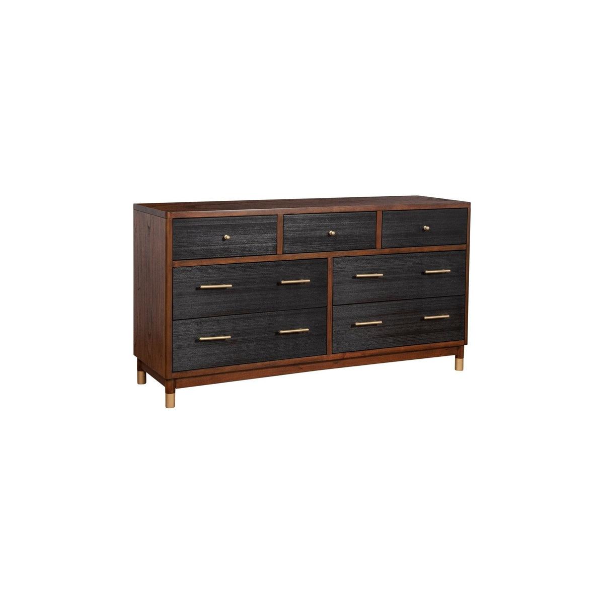 Two-tone walnut and black dresser shown from a front angle