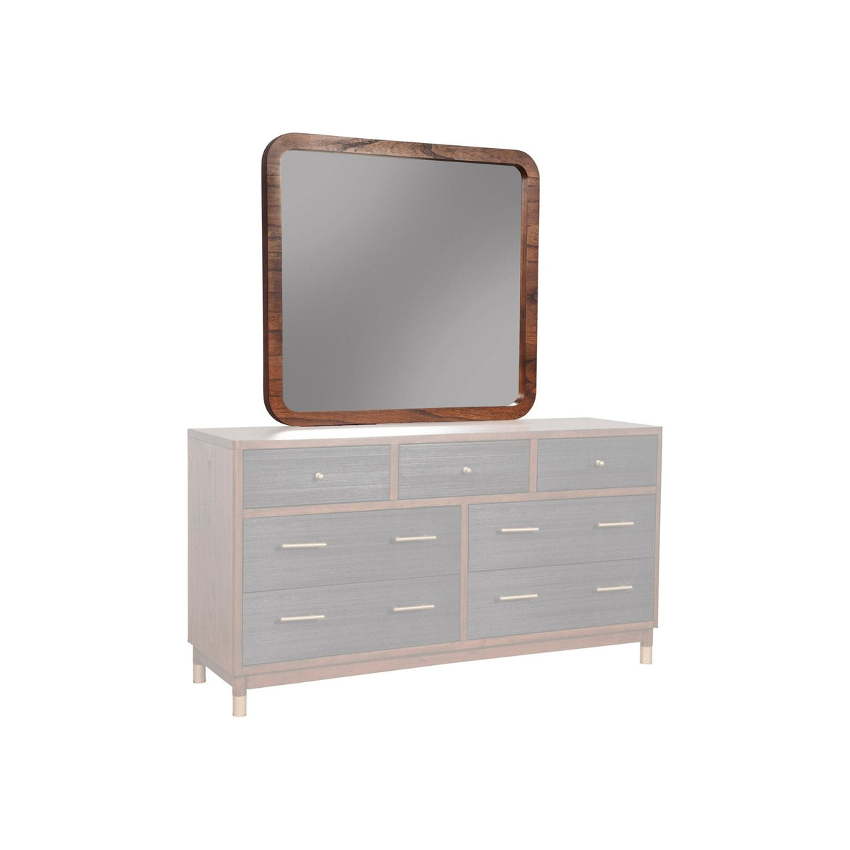 Brown-framed rectangular mirror displayed above a light gray dresser, angled front view