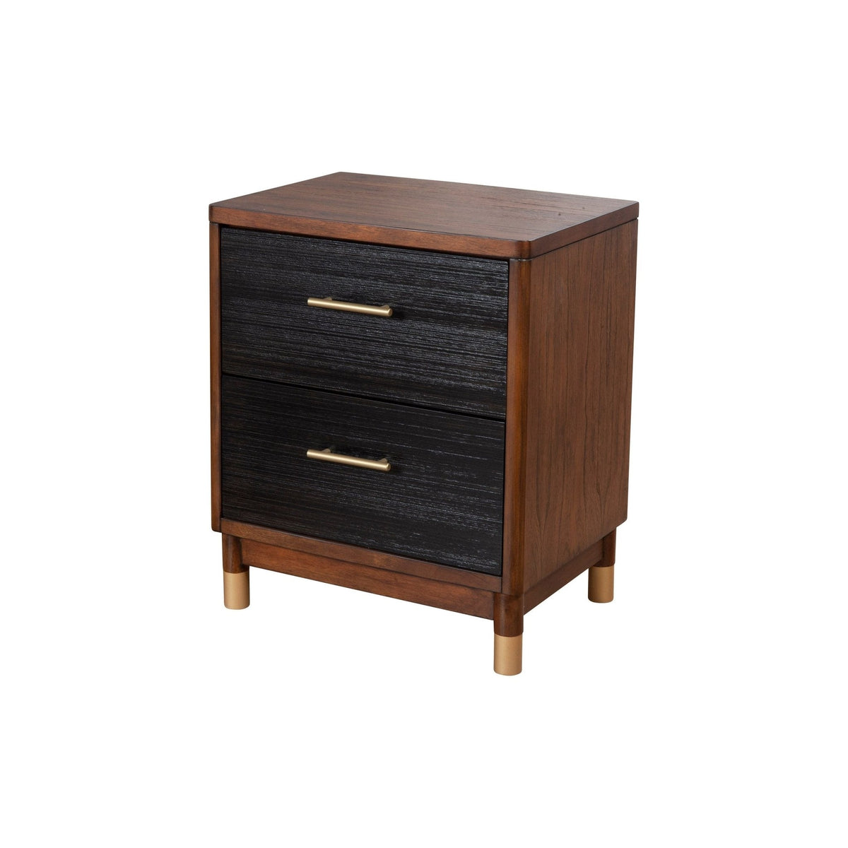 Dark walnut and black two-drawer nightstand shown at an angle on a white background