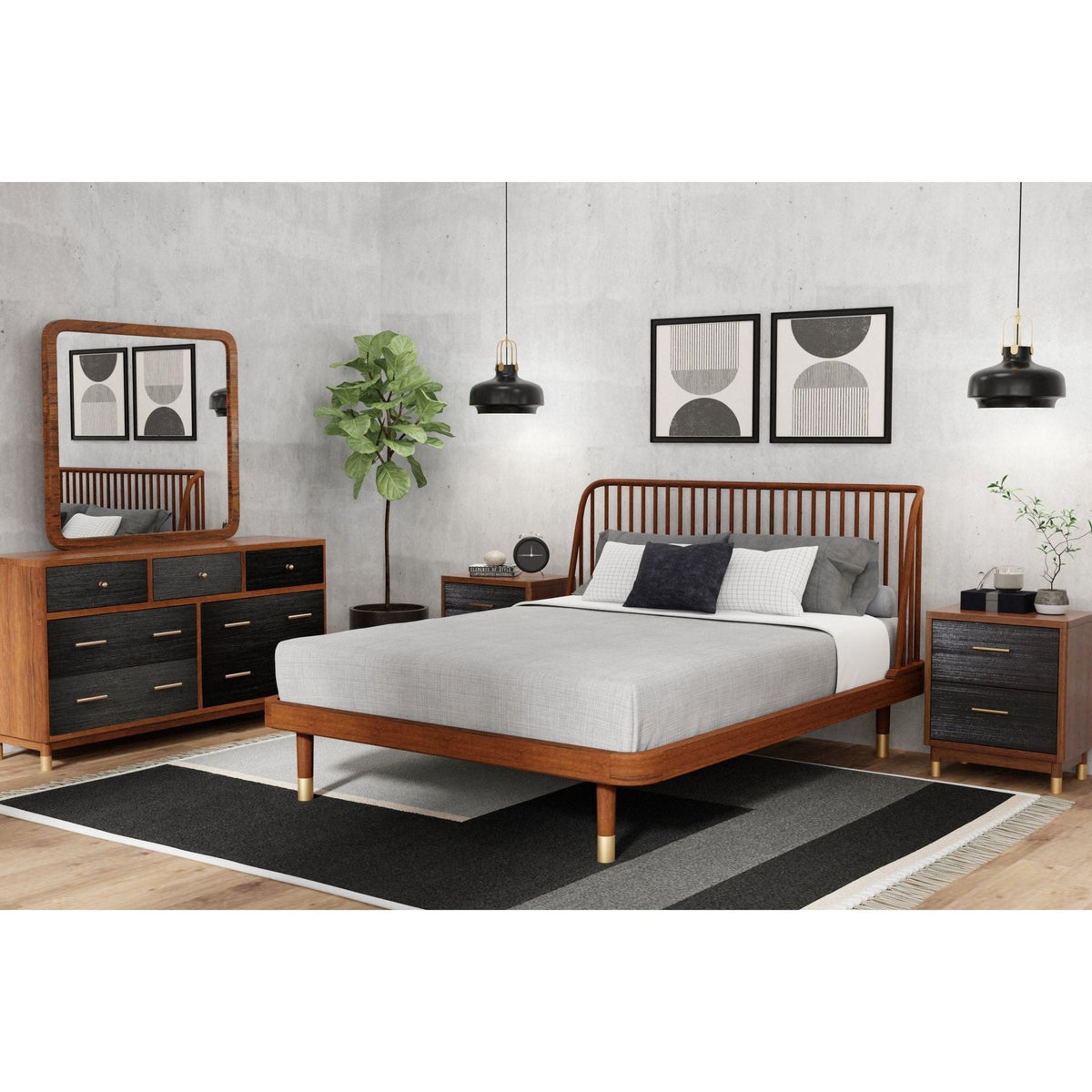 Nightstand beside a bed in a coordinated bedroom with matching walnut furniture