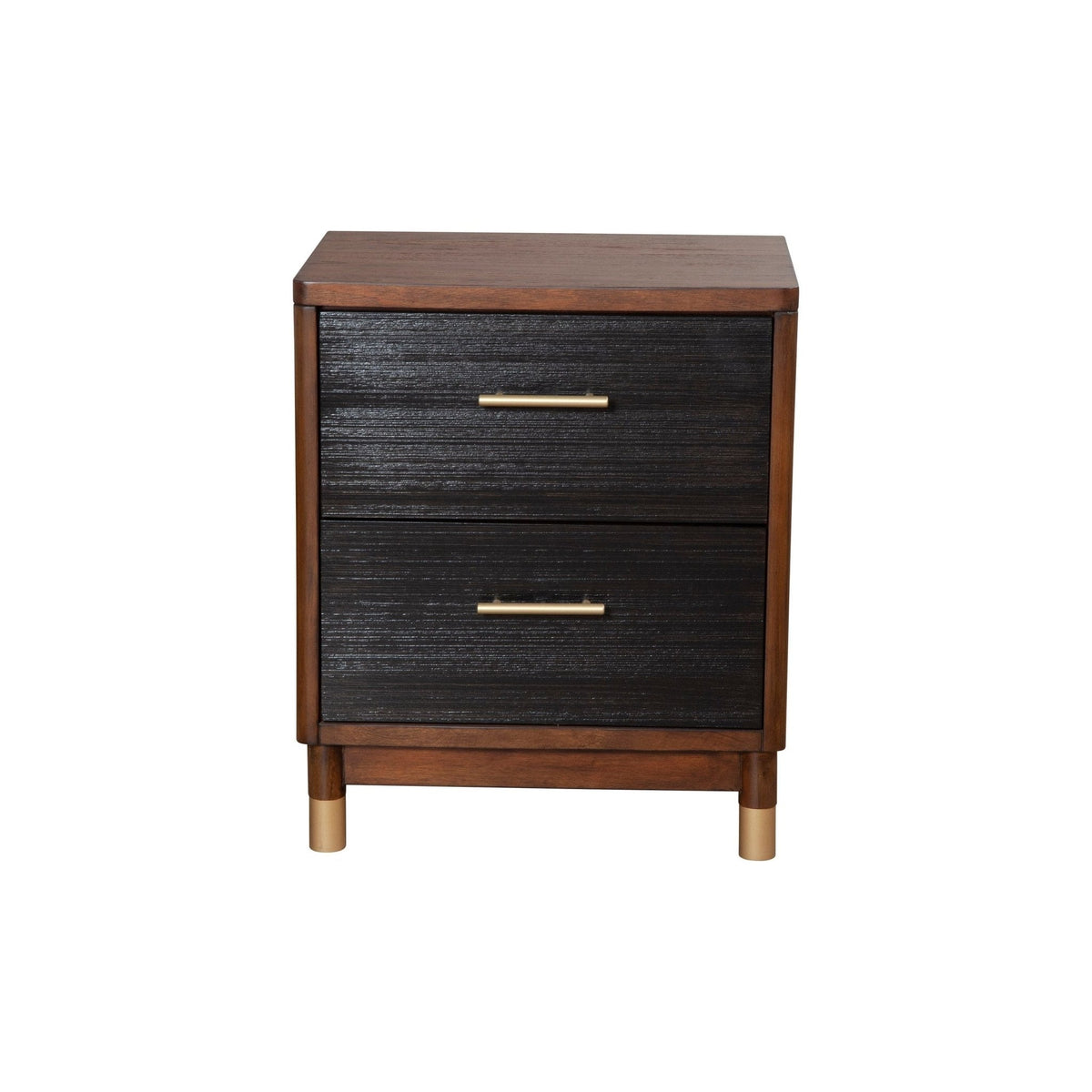 Front view of a dark walnut and black nightstand with two drawers and gold handles