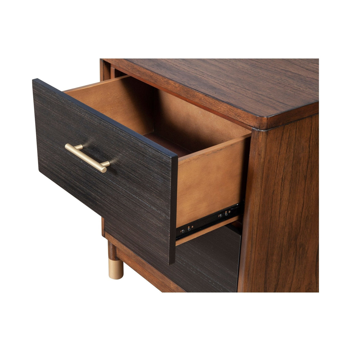 Close view of the nightstand with its upper drawer open, showing the drawer interior