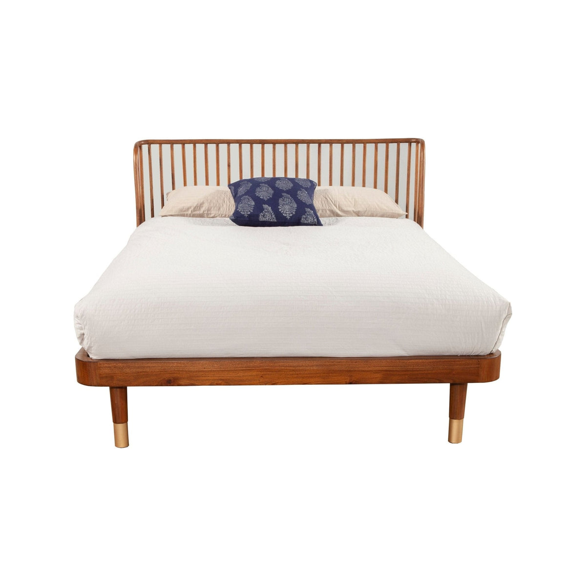 Front view of a warm brown platform bed with a tall slat-back headboard