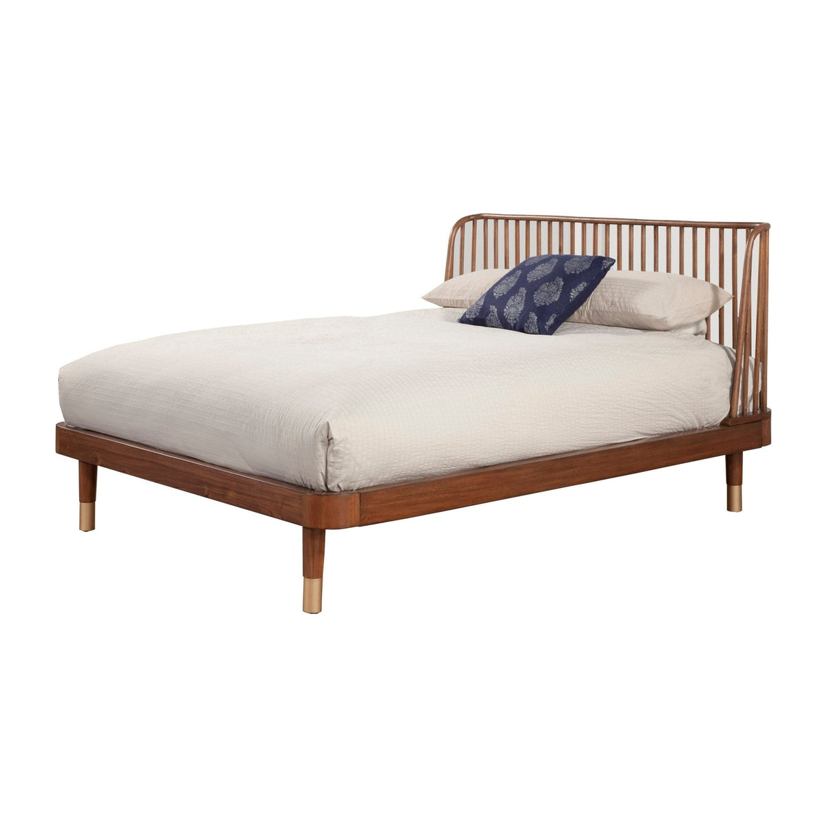 Warm brown platform bed shown from an angled front view against a white background
