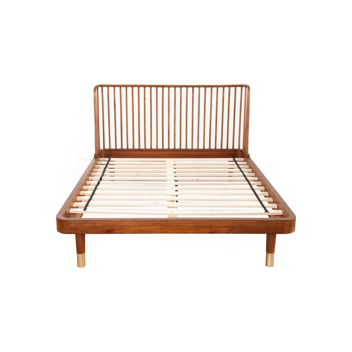 Warm brown bed frame viewed from the foot with its wooden slats exposed