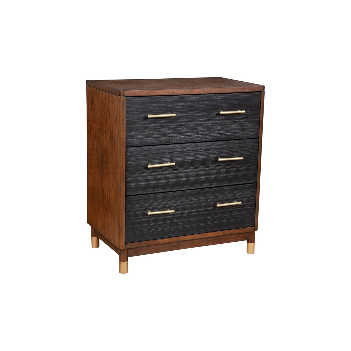 Three-drawer chest shown at an angle with dark fronts, walnut sides, and gold-tone accents