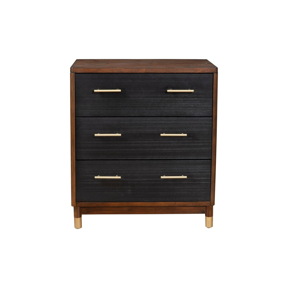 Front view of a dark three-drawer chest with walnut trim and gold-tone handles