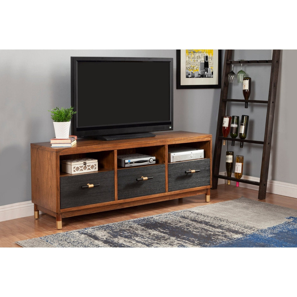Belham 3 Drawer TV Console, Two Tone Dark Walnut & Black
