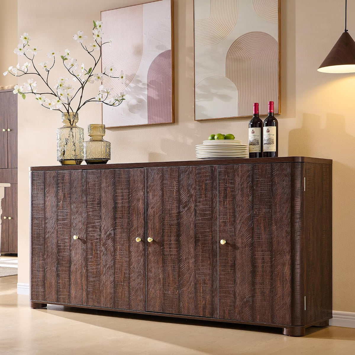 IFGET Curved Buffet Cabinet with Doors, 66" Large Sideboard Buffet Storage Cabinet with 4 Doors and, gallery view 11