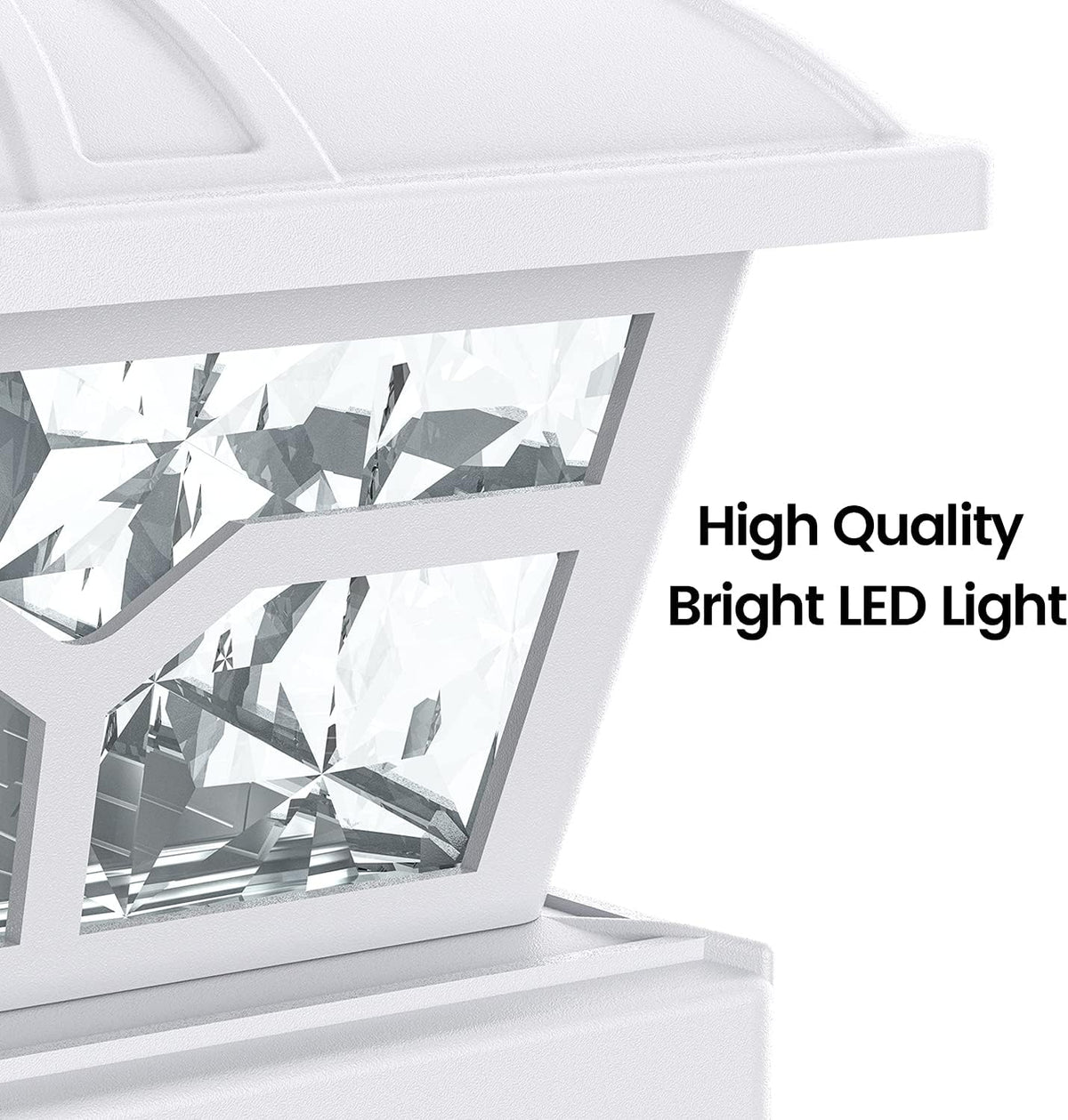 Close-up of the white post cap light’s faceted clear panels and frame.