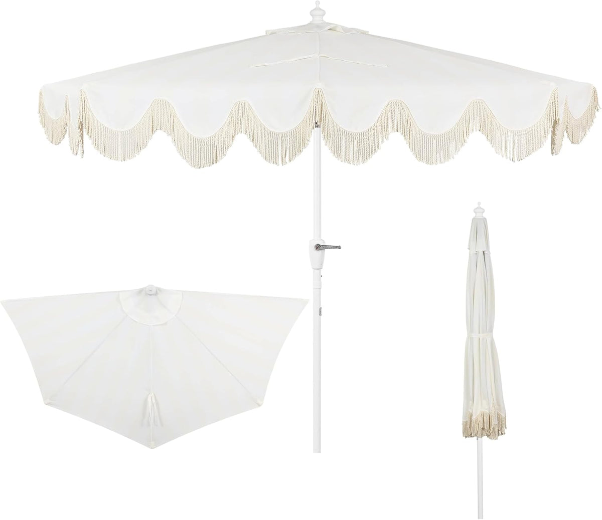 Open white scalloped half umbrella with cream fringe on a white pole, plus inset top view and folded umbrella at right.