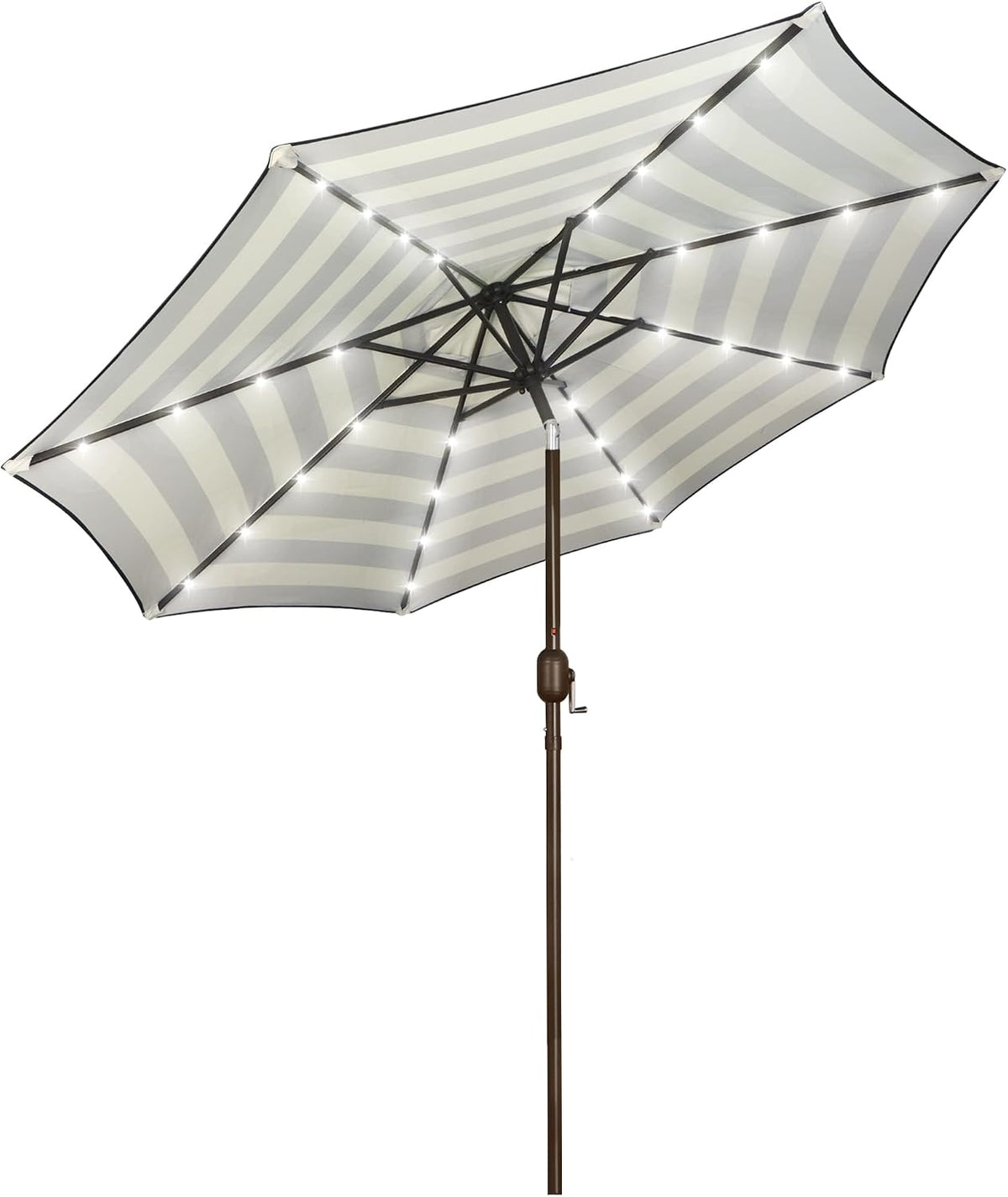 Striped gray-and-white patio umbrella open with LEDs along each rib and a brown pole and crank.