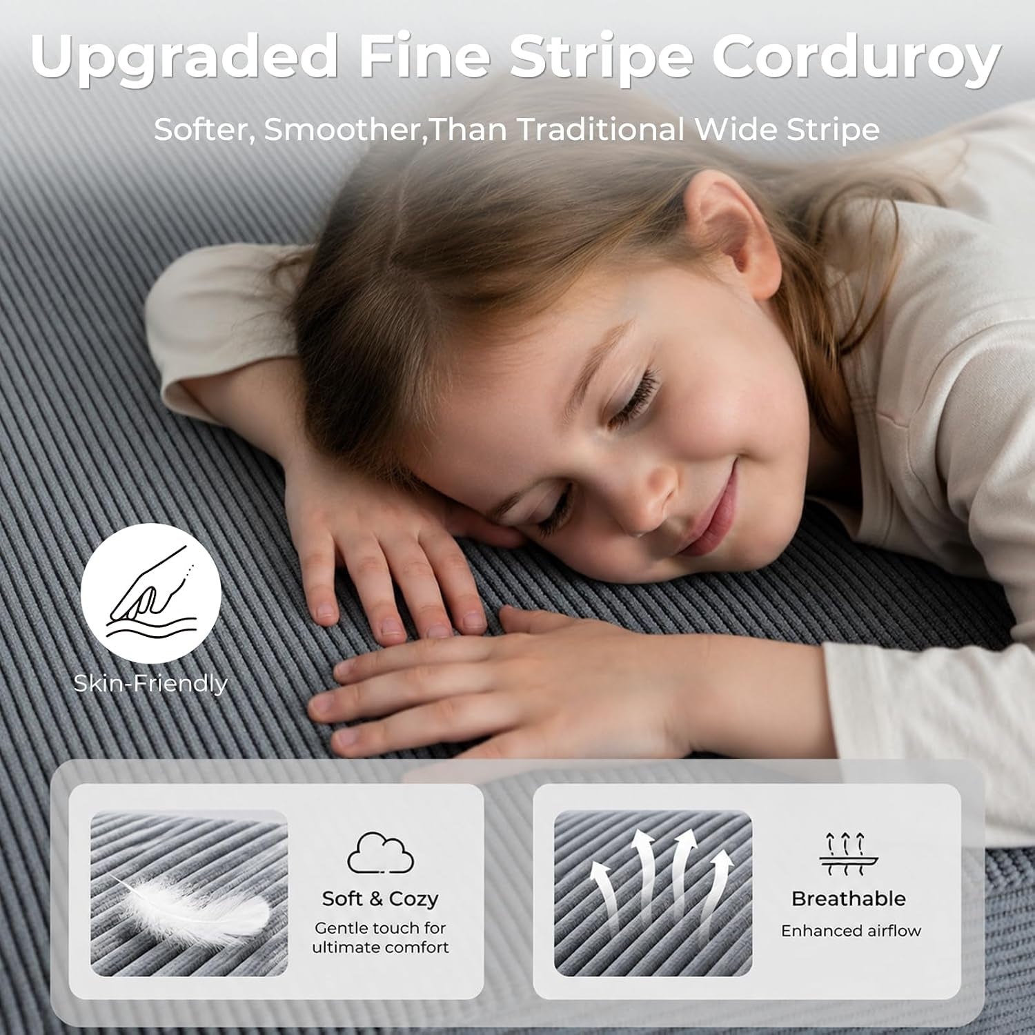 Macro view of fine-striped grey corduroy fabric with a child resting head on the cover