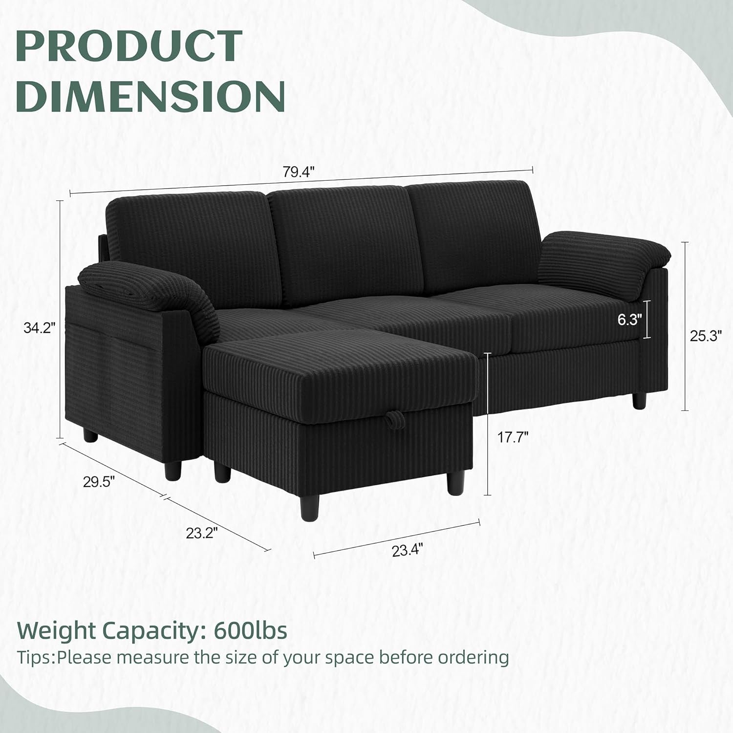 Convertible Sectional Couches, 3 Seat L Shaped Couch Sofa with Removable Pillows Soft Corduroy Fabric Small Couch Mid Century for Living Room, Apartment and Office (Black)
