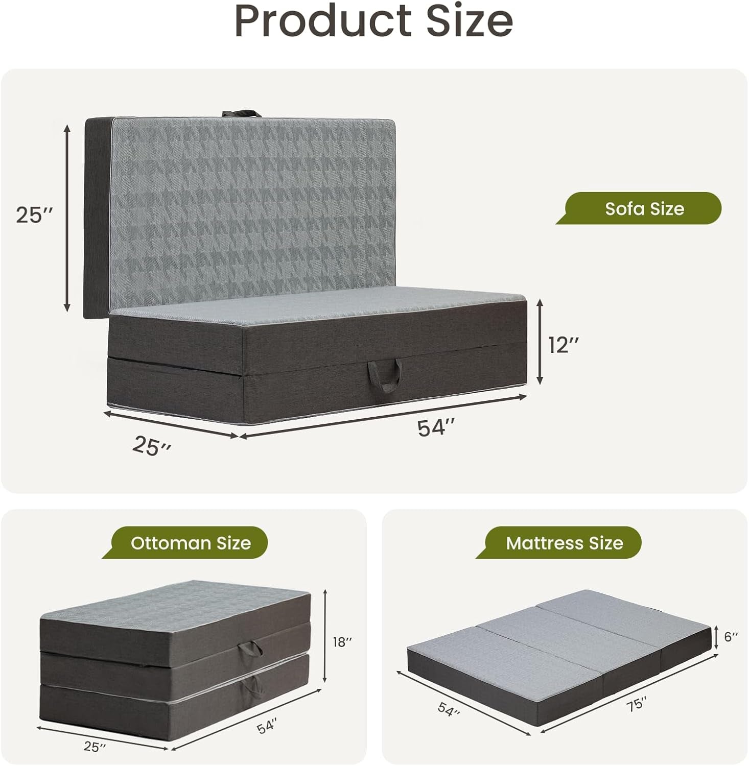 Graphic showing mattress configured as a sofa, ottoman, and flat mattress with arrows indicating dimensions