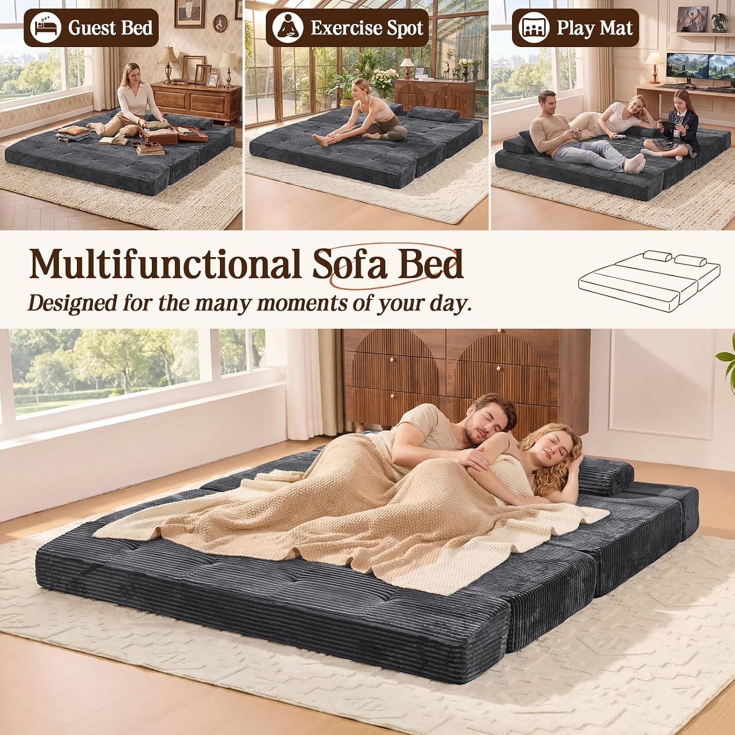 Family sitting on a fully unfolded grey corduroy sofa bed used as a large floor bed in living room