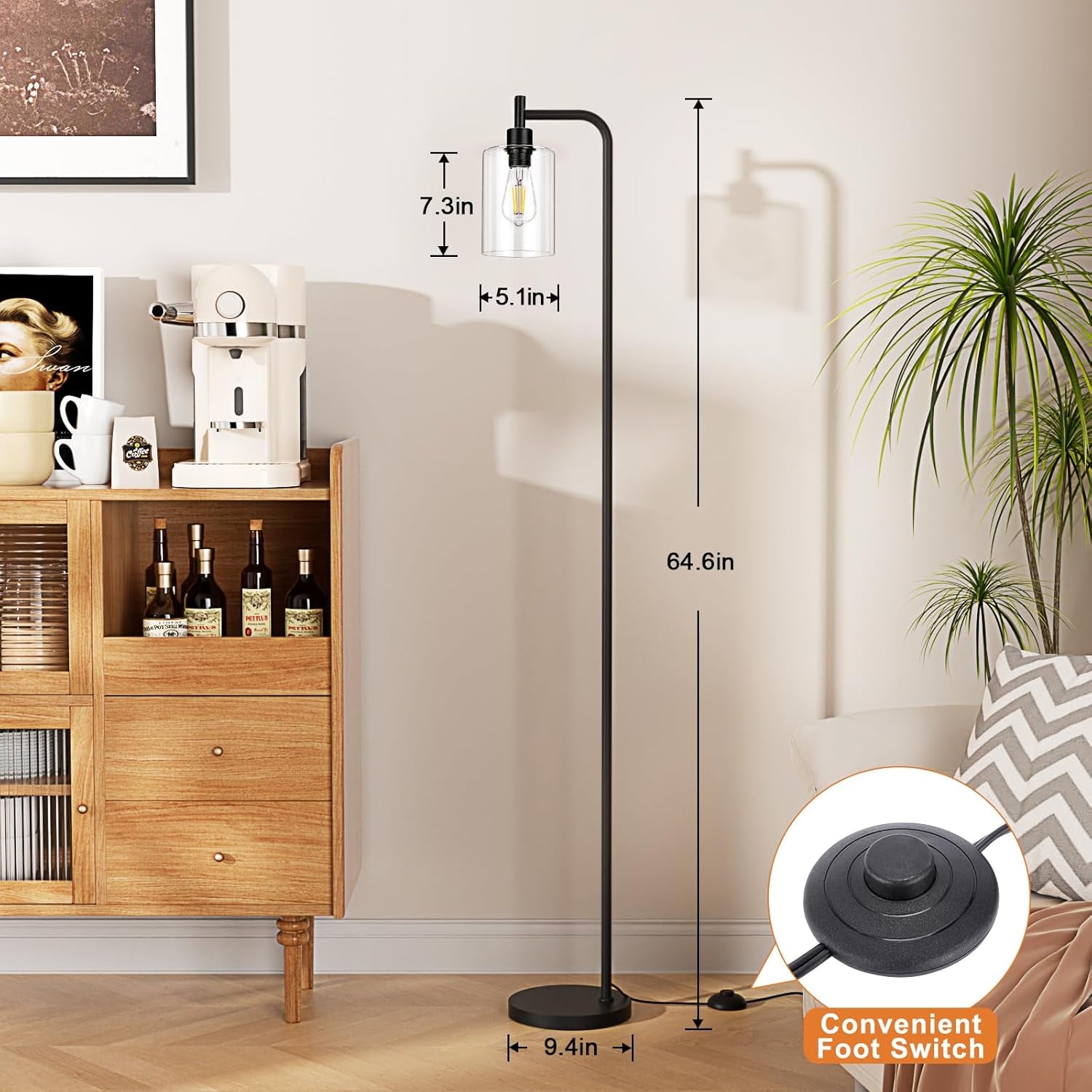 Dimension diagram of the black floor lamp showing 64.6-inch height and clear glass shade