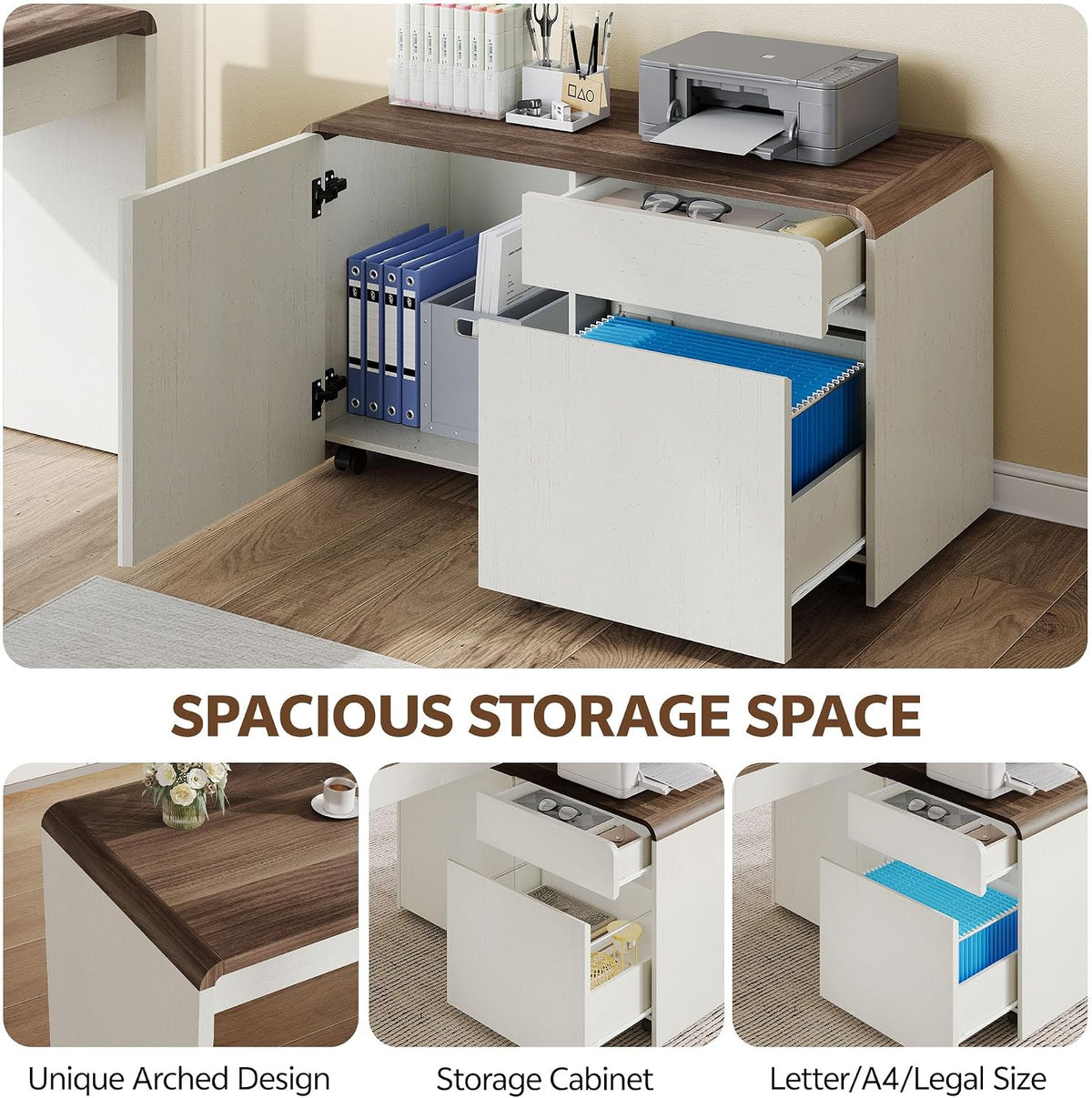 White movable file and drawer cabinet with walnut top shown open to reveal internal shelves and hanging file space