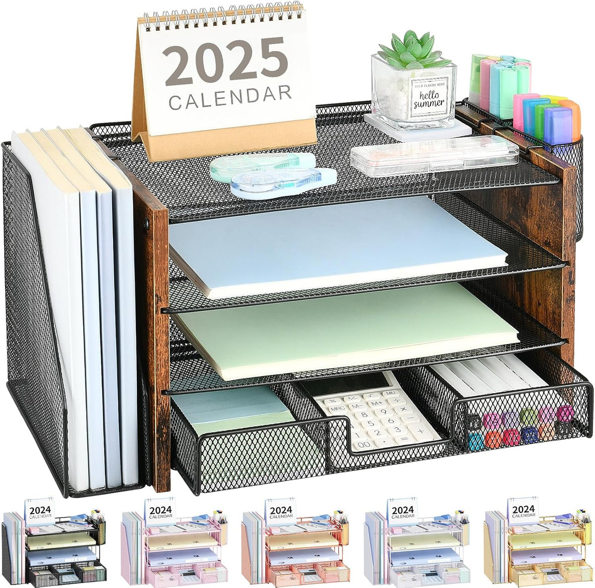 Black mesh organizer shown holding notebooks, papers and office supplies, small color-variant thumbnails below.