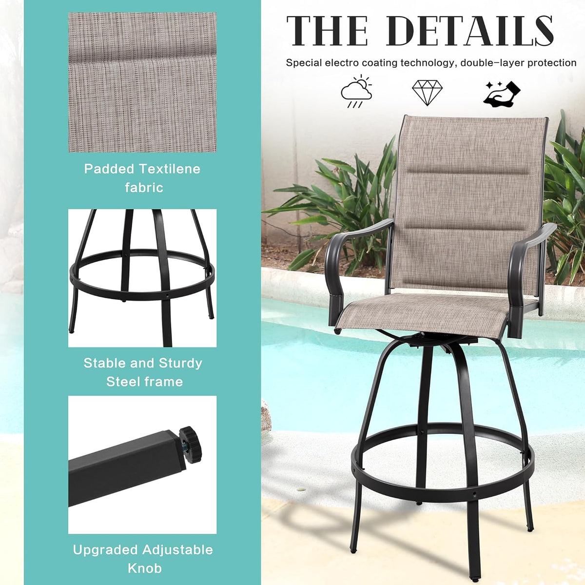 Collage showing padded Textilene fabric swatch, circular steel footring and an adjustable leveling knob in taupe finish