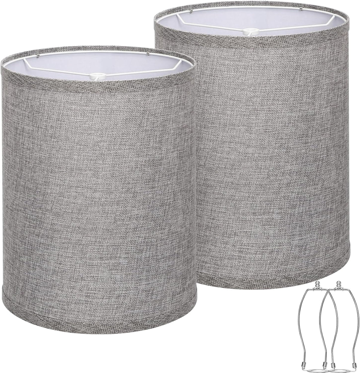 Pair of light gray drum lampshades displayed front-on with visible spider fitter inside.