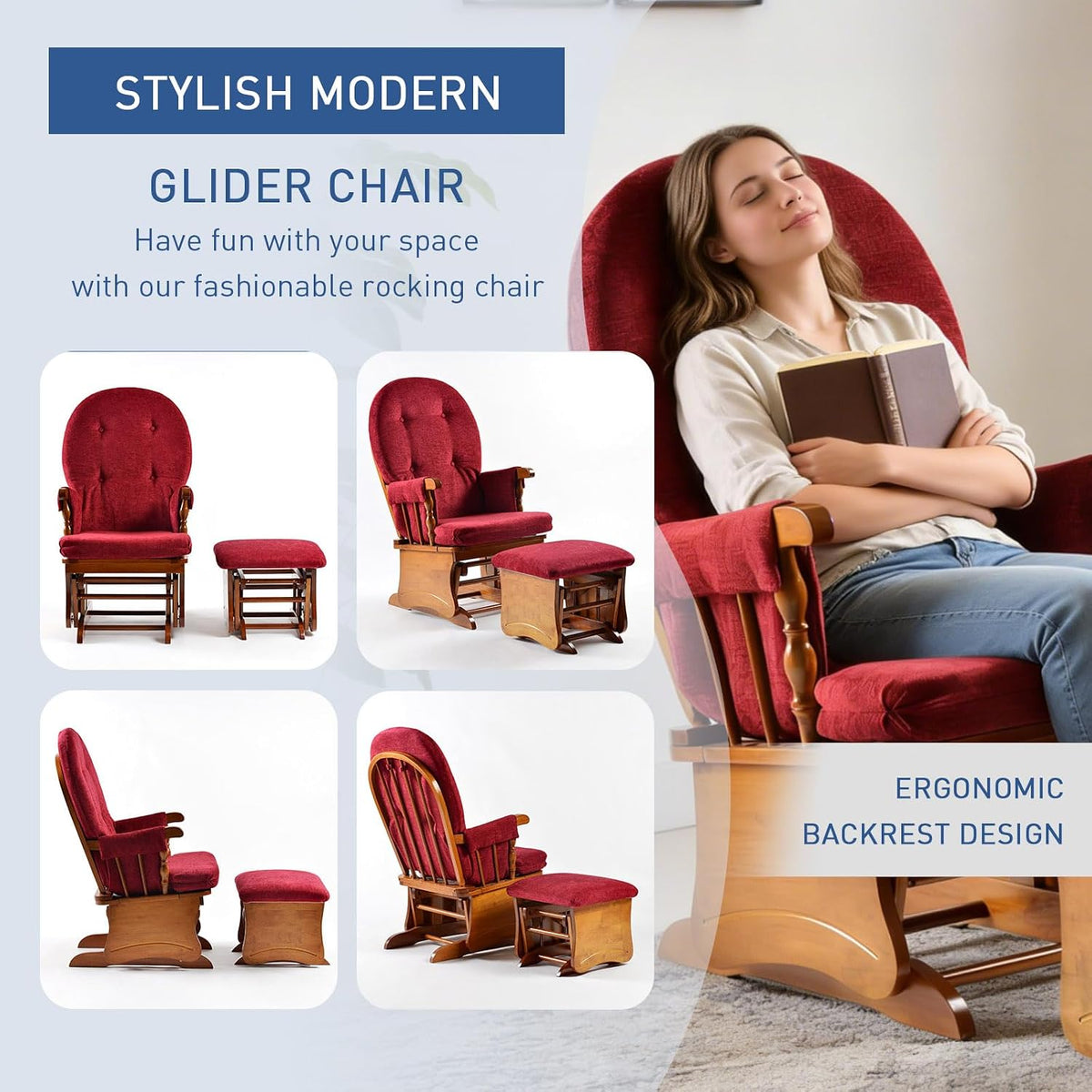 Collage showing a woman relaxing in a red upholstered glider with inset product views and ottoman.