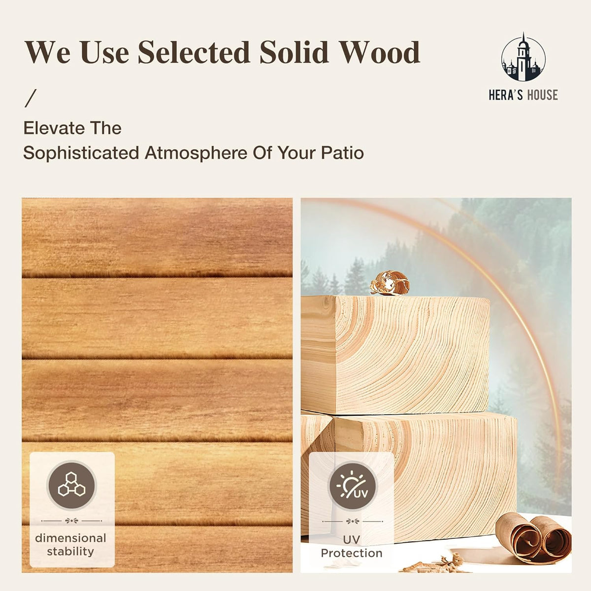 Wood-finish table top and solid wood plank close-ups highlighting dimensional stability and UV protection