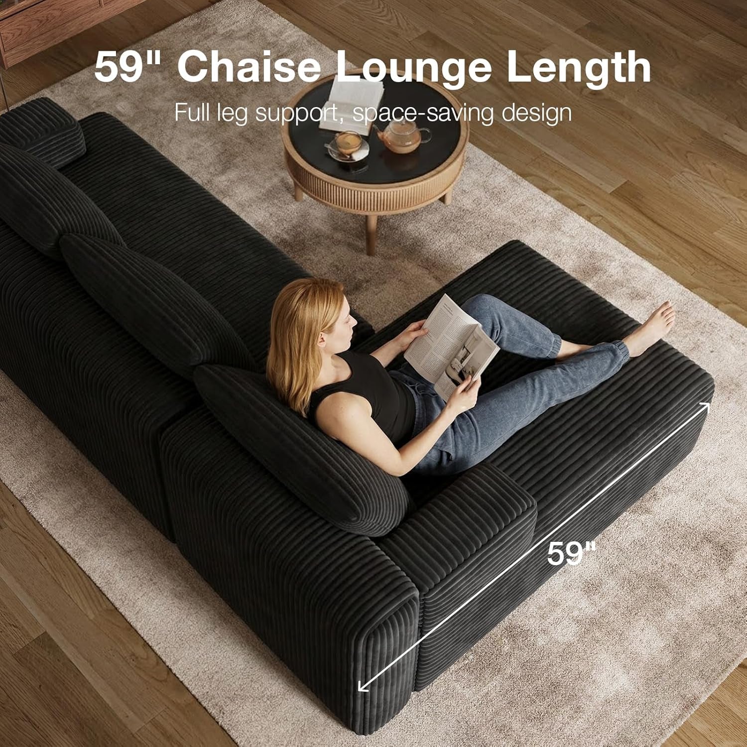 L-Shape Sectional Couches for Living Room with Smarts Coil® Support, 3 Seater Sectional Sofas for Living Room Bedroom, Corduroy Cloud Couch Sectional, No Assembly(Black, Right Hand Facing)