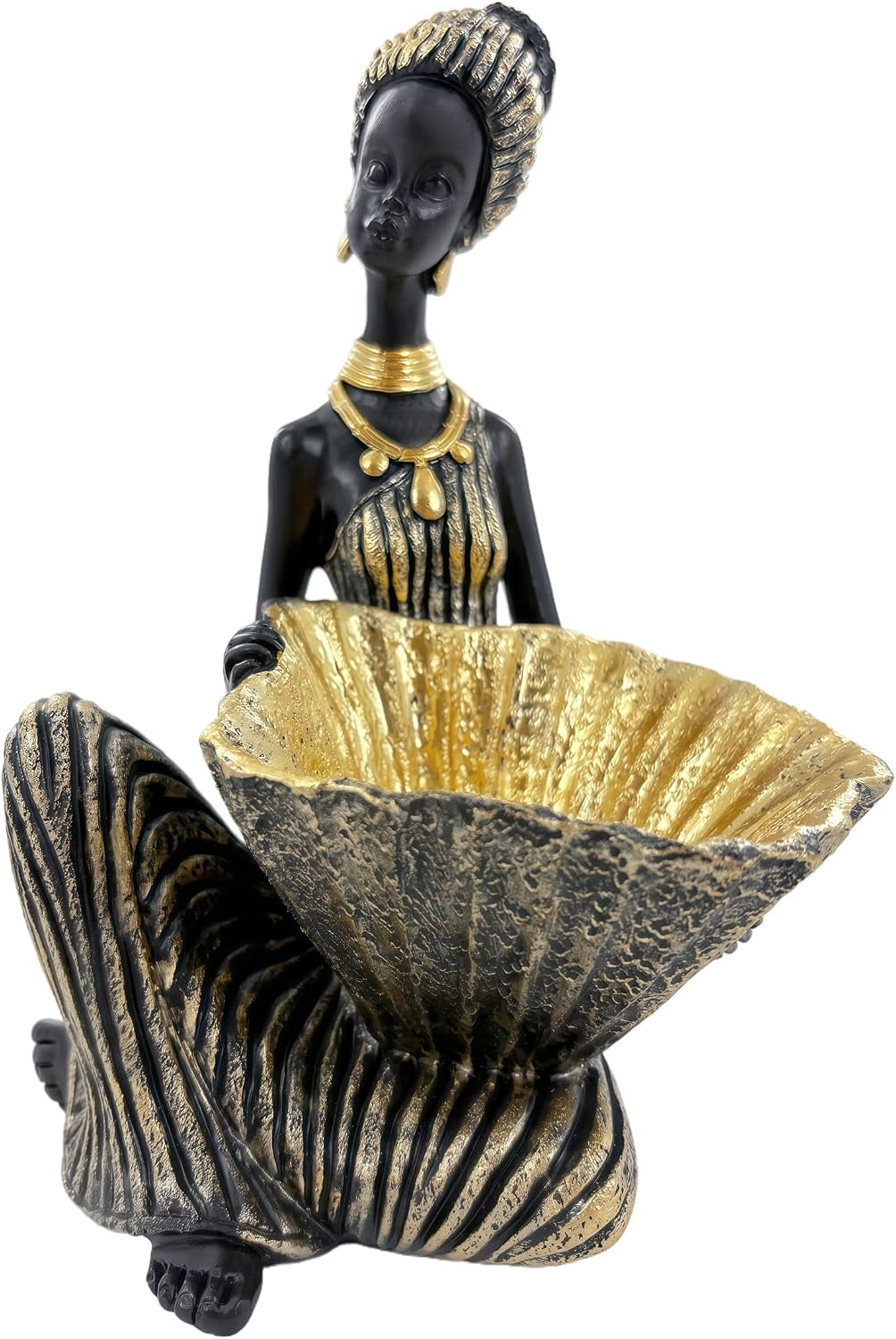 Three-quarter front view of the figurine kneeling with a textured gold bowl held at chest level.