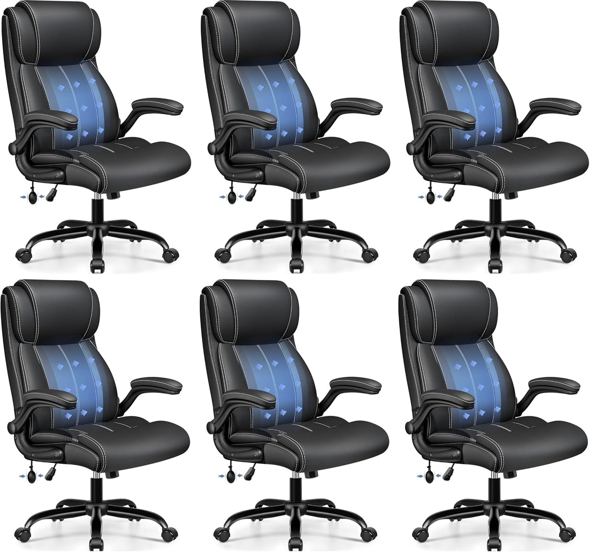 Six black PU leather office chairs arranged in a 3x2 grid, each with curved armrests and illustrated lumbar support.
