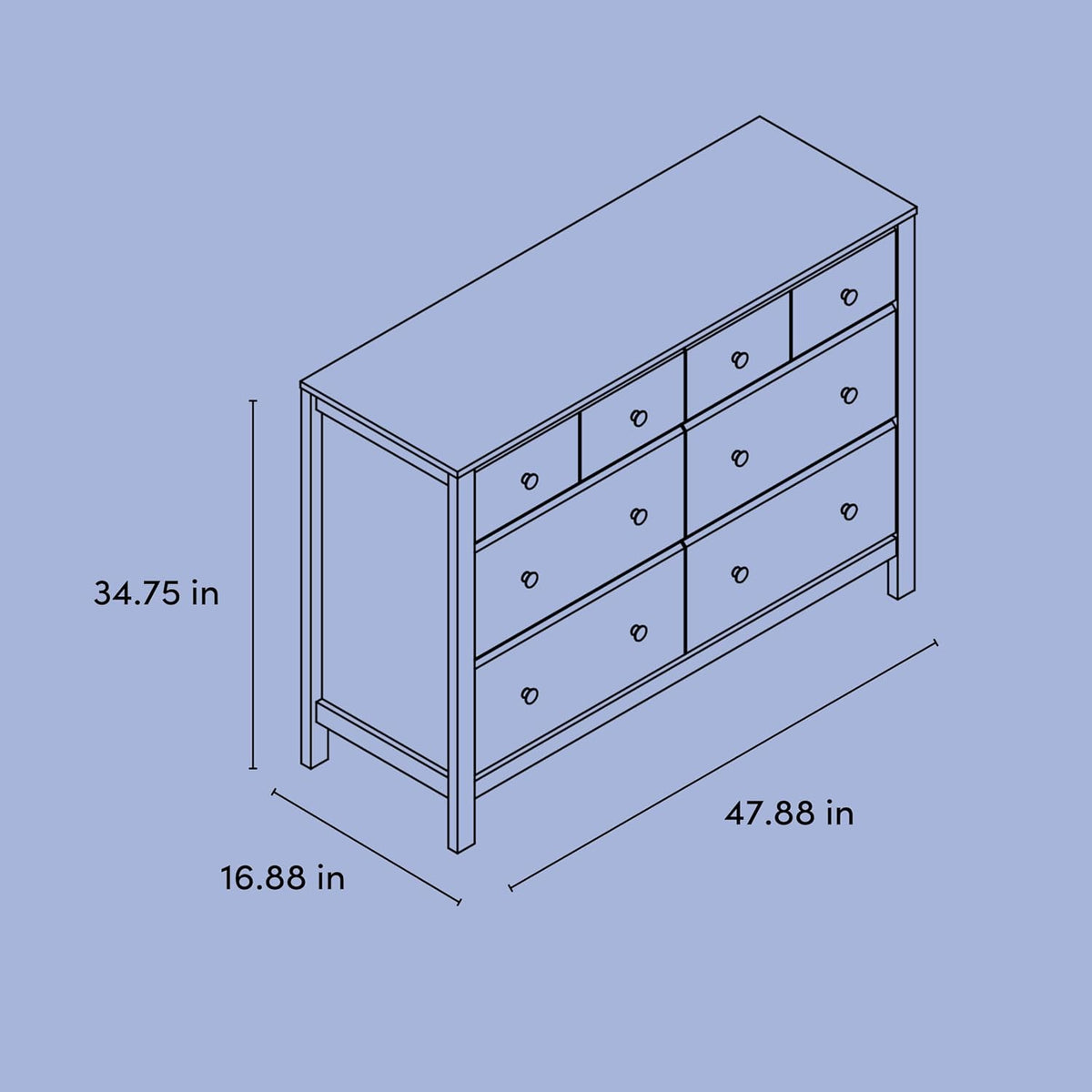 Technical diagram of the six-drawer dresser with dimensions 47.88 in by 16.88 in by 34.75 in