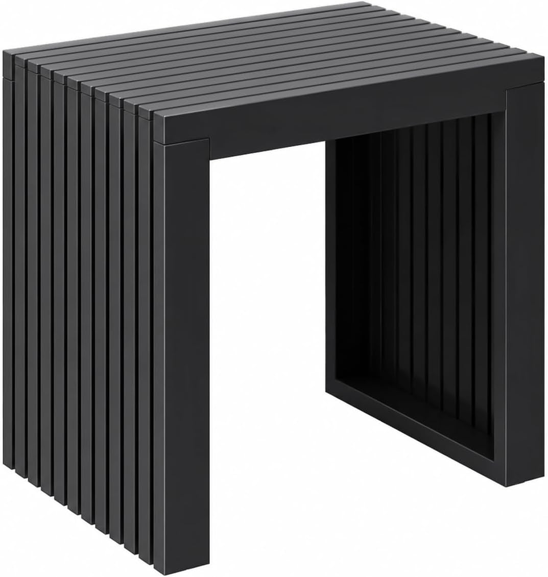Angled close-up of a black slatted bench showing top slats and one open side panel.