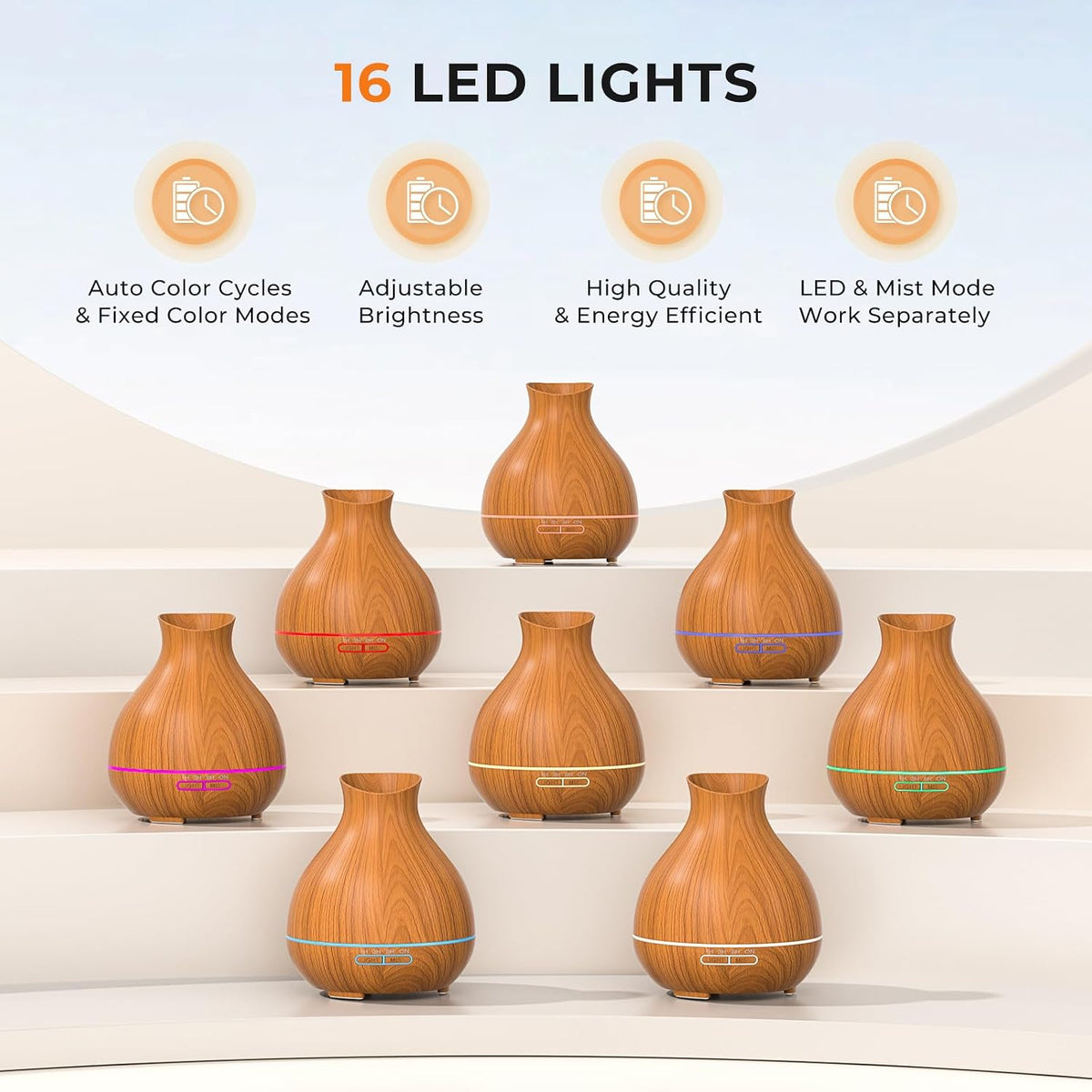 Multiple wood-grain diffusers arranged on stepped platforms, each with a different colored LED light band.