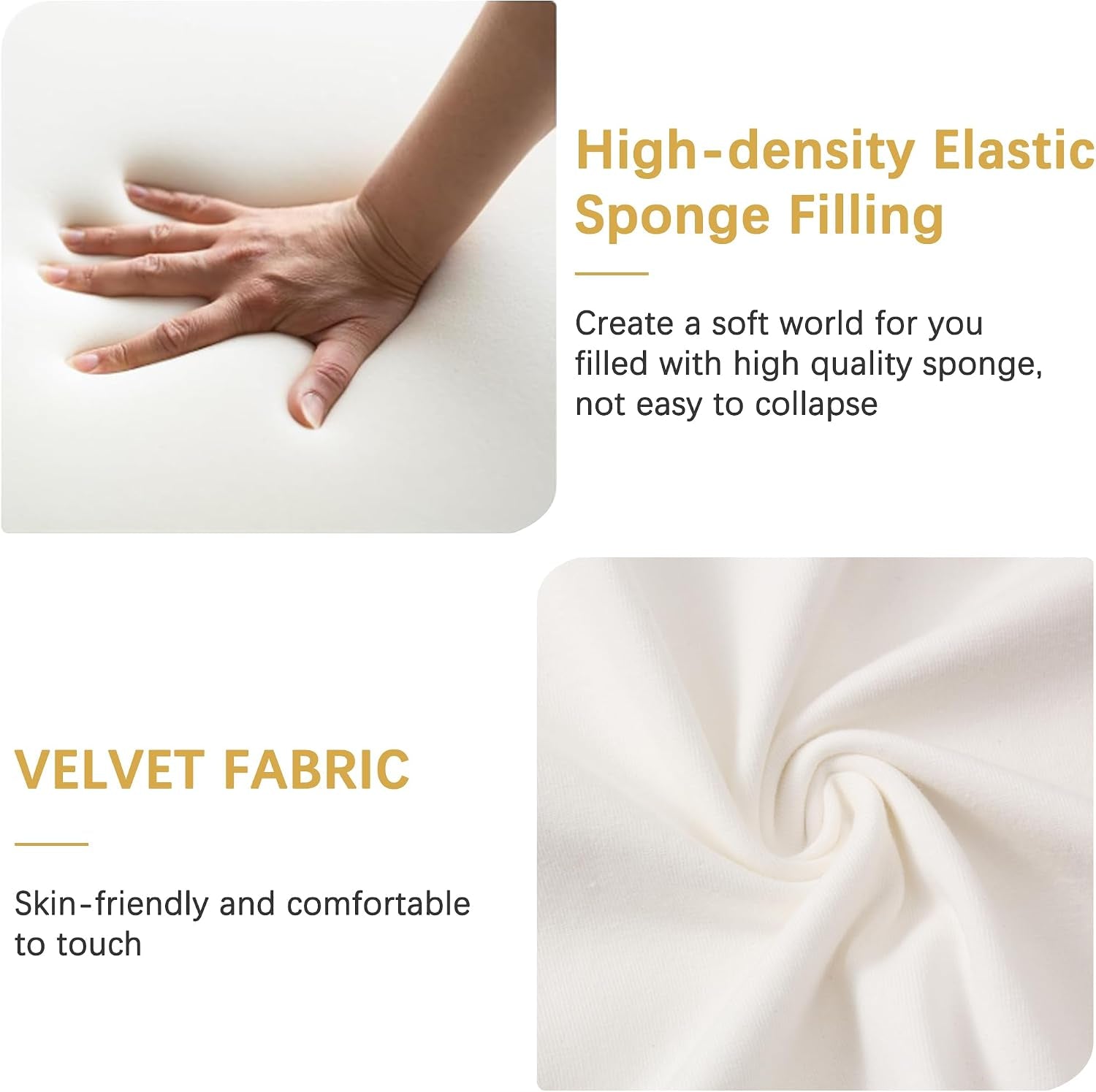Detail images of plush foam compression and pearl white velvet fabric texture