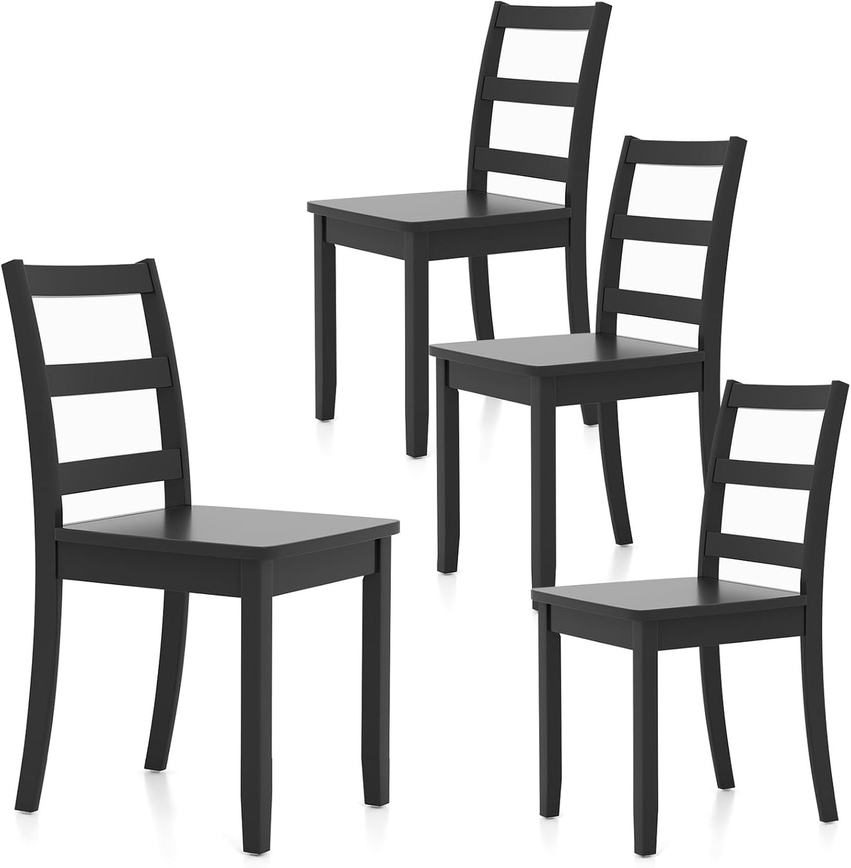 Four black ladder-back chairs arranged at varied distances and angles to show full set in one frame