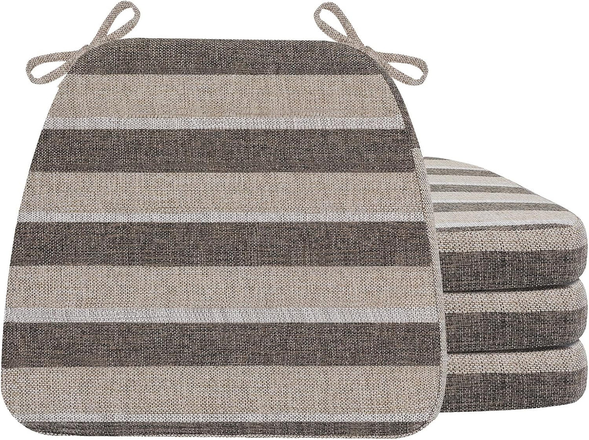 Stack of four wide brown-and-beige striped D-shaped chair cushions shown from front