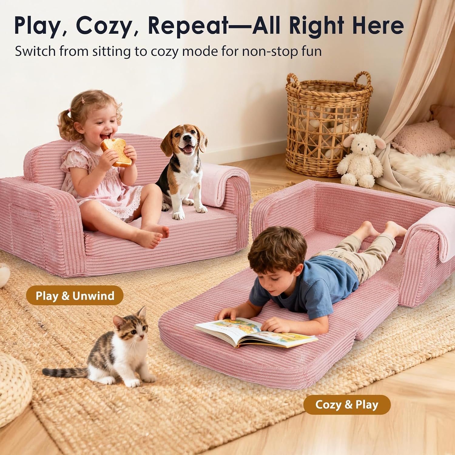 Children and a dog using a pink fold-out toddler sofa and matching unfolded bed on a woven rug in a playroom.