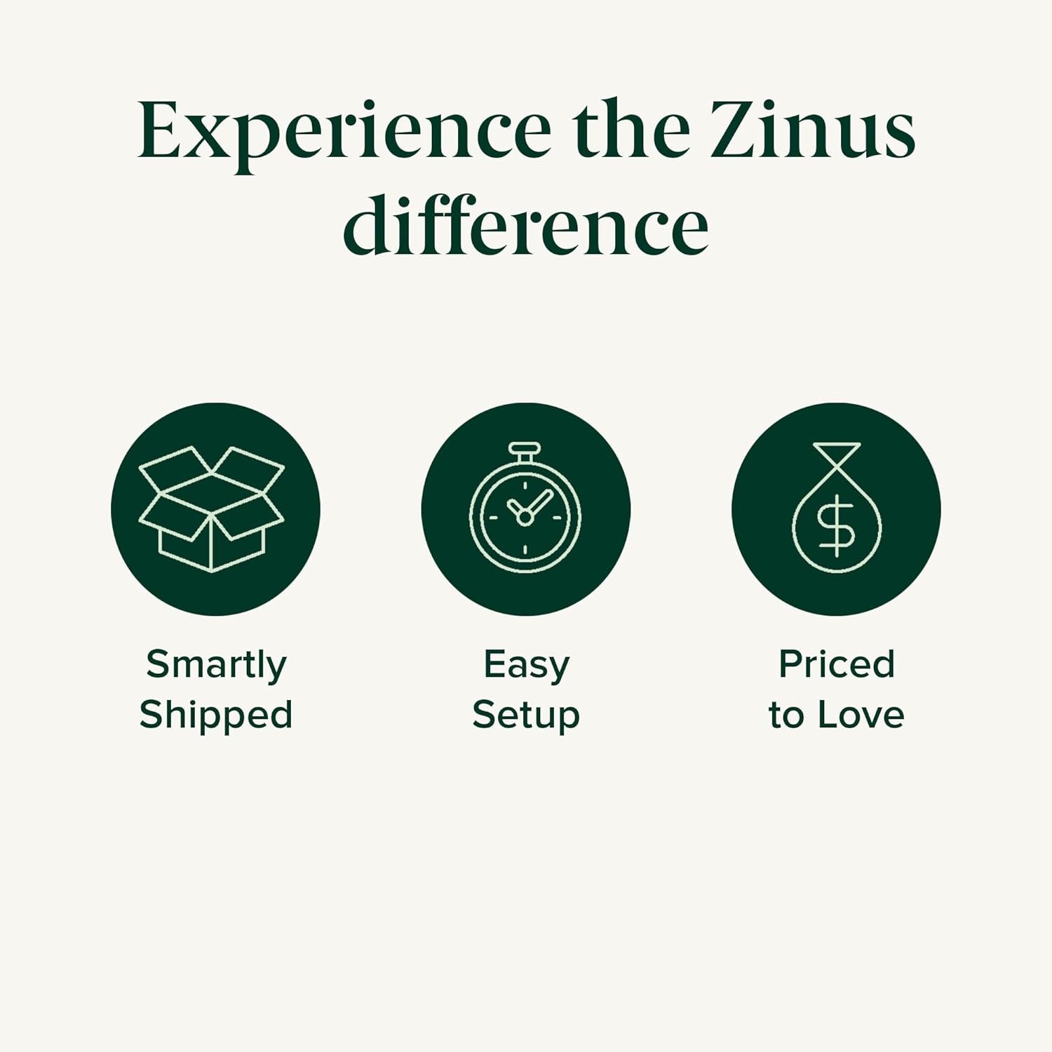 Three dark green circular icons and short labels showing shipping, setup, and value