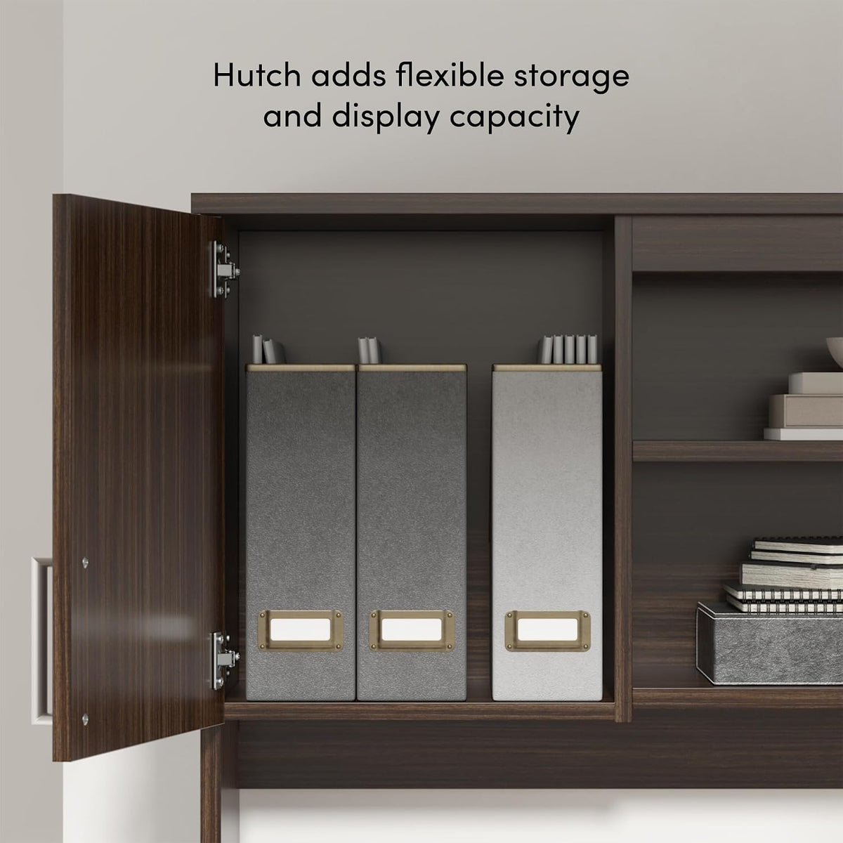 Open hutch door revealing two adjustable shelves and enclosed storage beside open display shelving