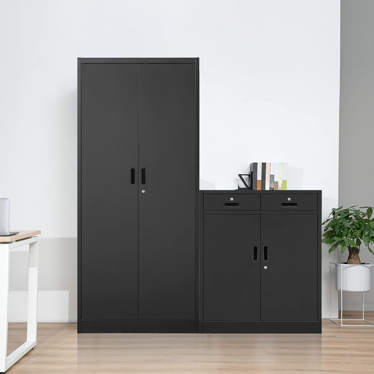 Tall and short black metal storage cabinets placed side by side in a bright room