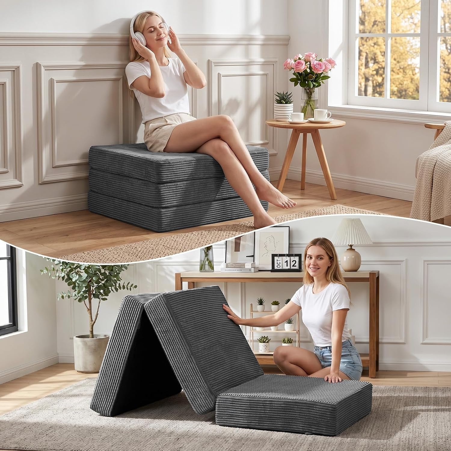 Dark gray corded fabric tri-fold mattress used as a low seat near a side table and folded on a rug in front of shelving.