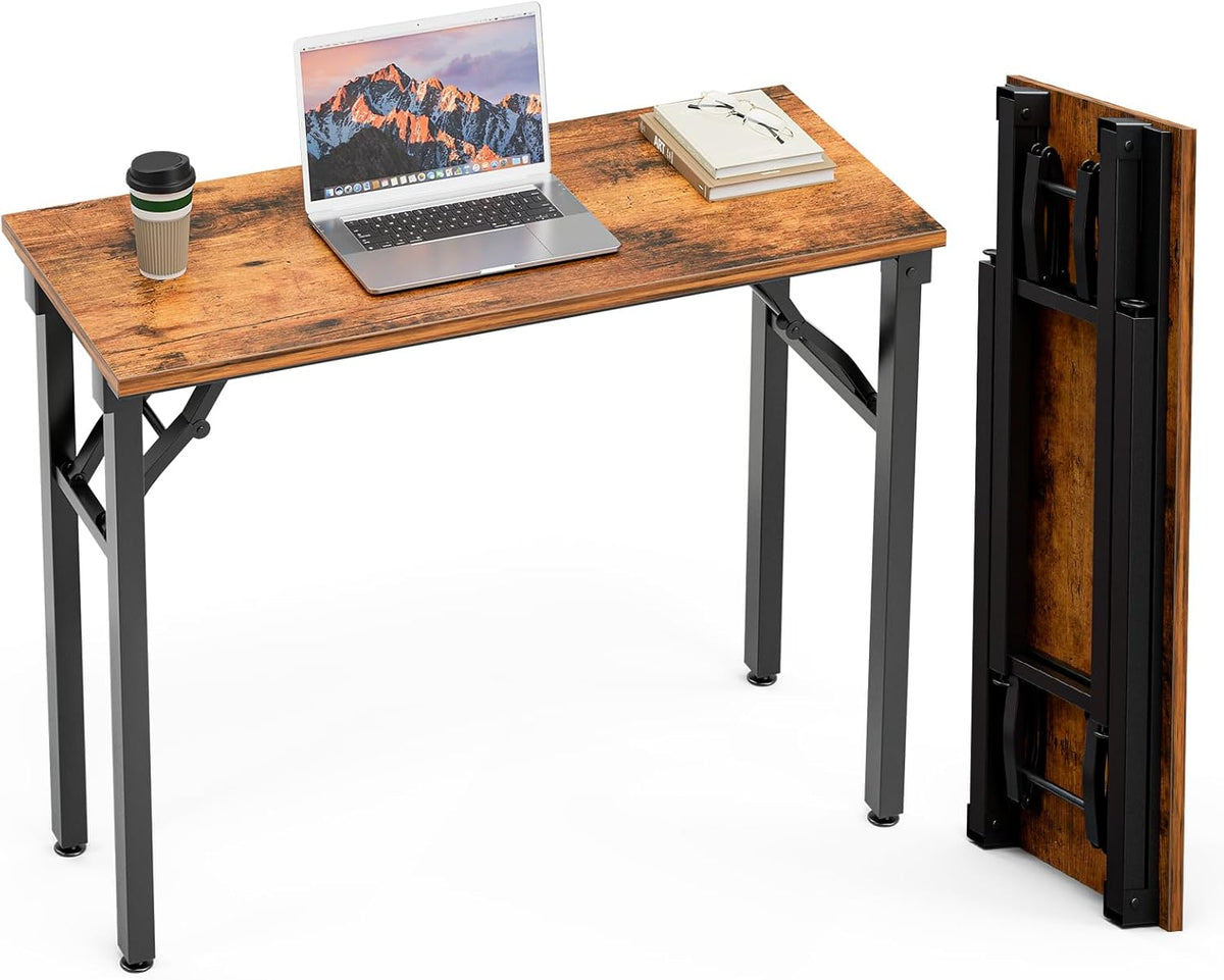 Distressed rustic wood tabletop finish with laptop and coffee cup, folded tabletop stored upright to the right